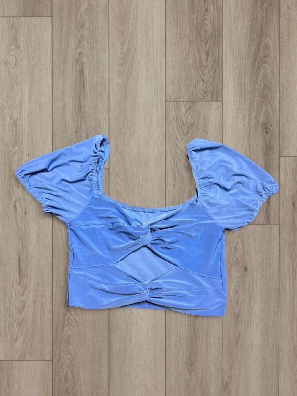 Olivaceous Periwinkle Blue Puff Sleeve Twist-Front Crop Top